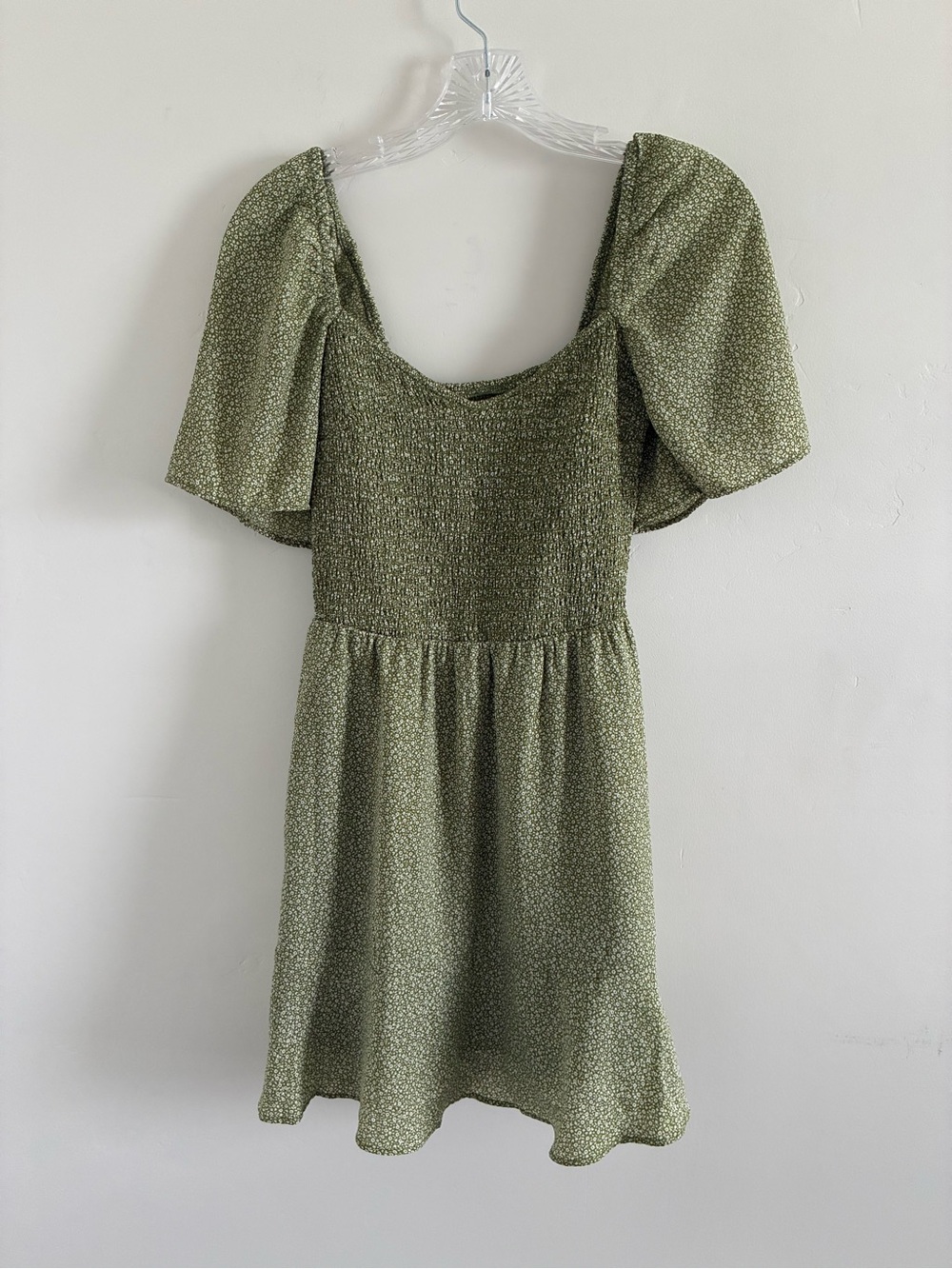 Abercrombie & Fitch Olive Green Smocked Puff-Sleeve Mini Dress